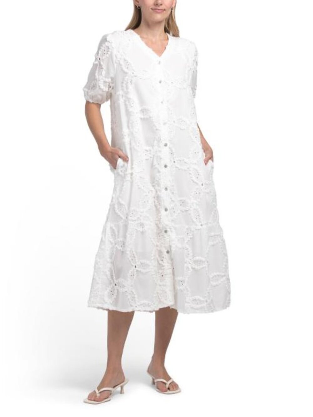 SPIGHE DI LINO Made In Italy Short Sleeve Embroidered Maxi Dress